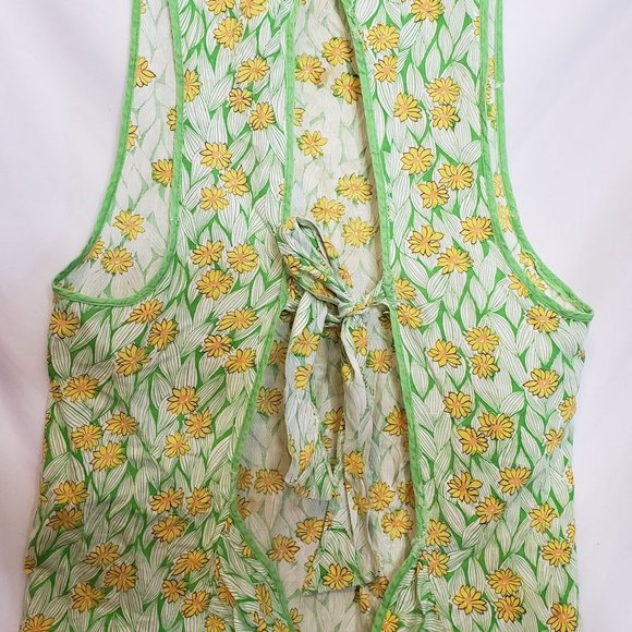 Vintage Apron Handmade Pullover Tie Waist Lime Green Yellow Daisy Print Pocket - Picture 9 of 11